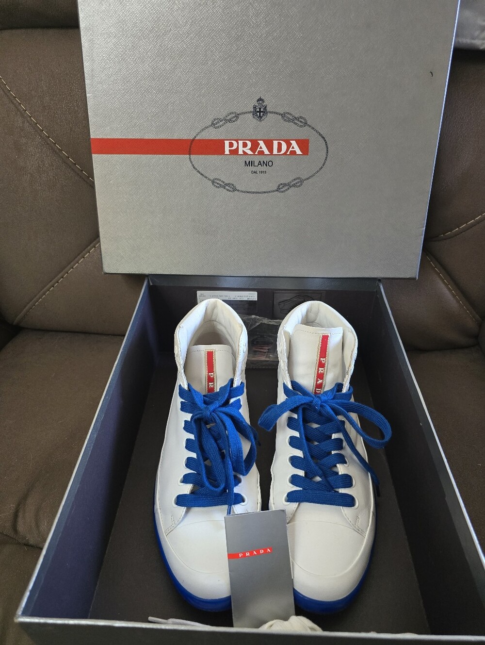RARE PRADA Calf Plume 4T2488 Mens Sz 8 White Blue High Top Sneakers CLEAN W/ Box